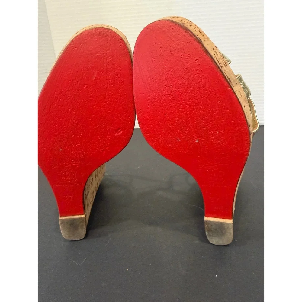 Christian Louboutin Lady Zeppa Gold Leather Strappy Cork Wedge Sandals US 7 EU37